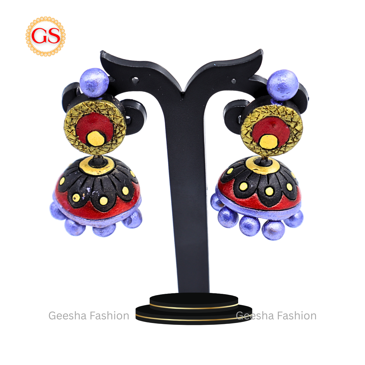 Purple Red Full Moon Stud Jumki With Purple Beads Handmade Terracotta Earrings