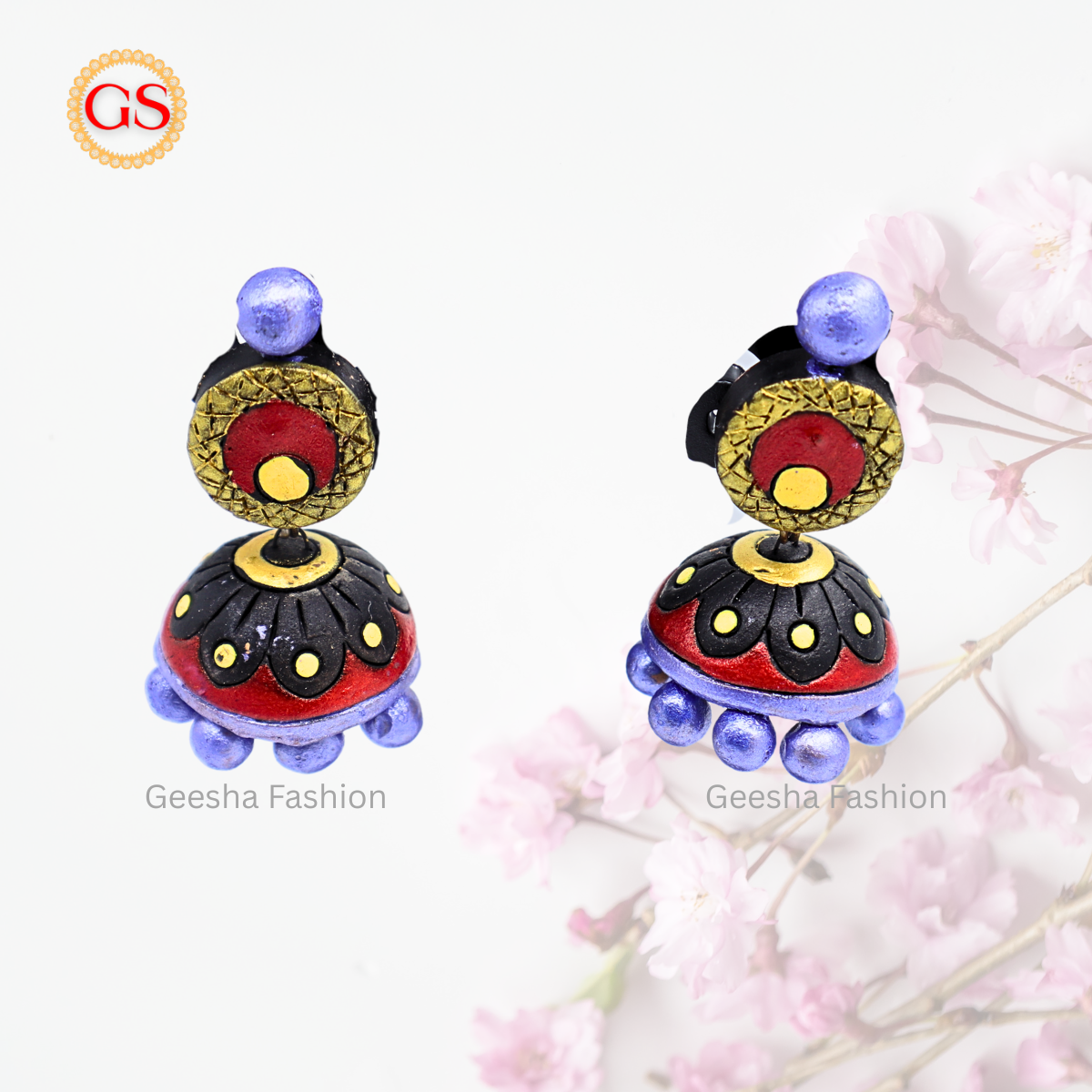 Purple Red Full Moon Stud Jumki With Purple Beads Handmade Terracotta Earrings