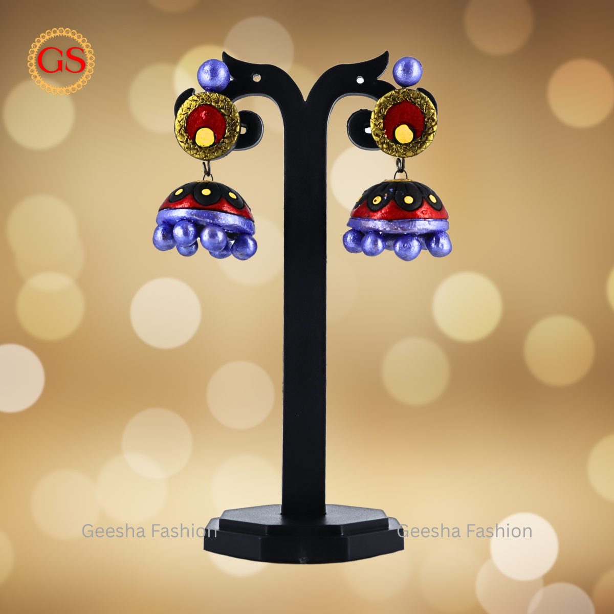 Purple Red Full Moon Stud Jumki With Purple Beads Handmade Terracotta Earrings