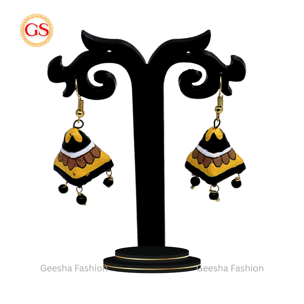 Yellow Black Cone Jumki with Black Beads Handmade Terracotta Earrings