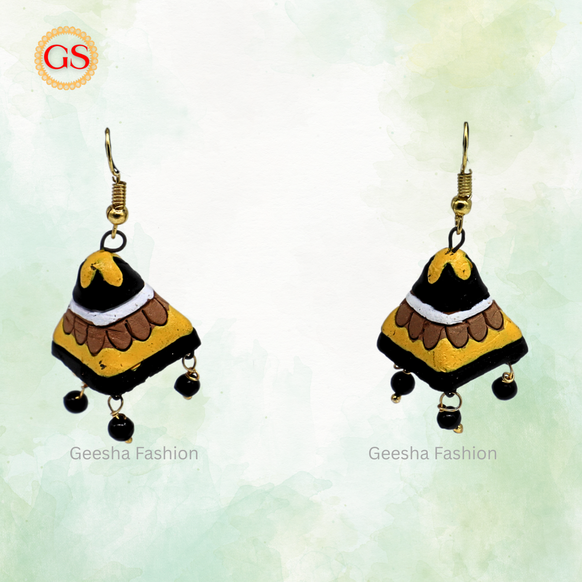 Yellow Black Cone Jumki with Black Beads Handmade Terracotta Earrings
