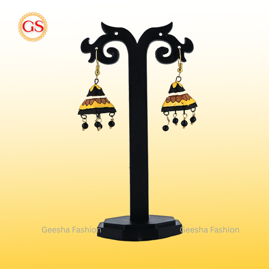 Yellow Black Cone Jumki with Black Beads Handmade Terracotta Earrings
