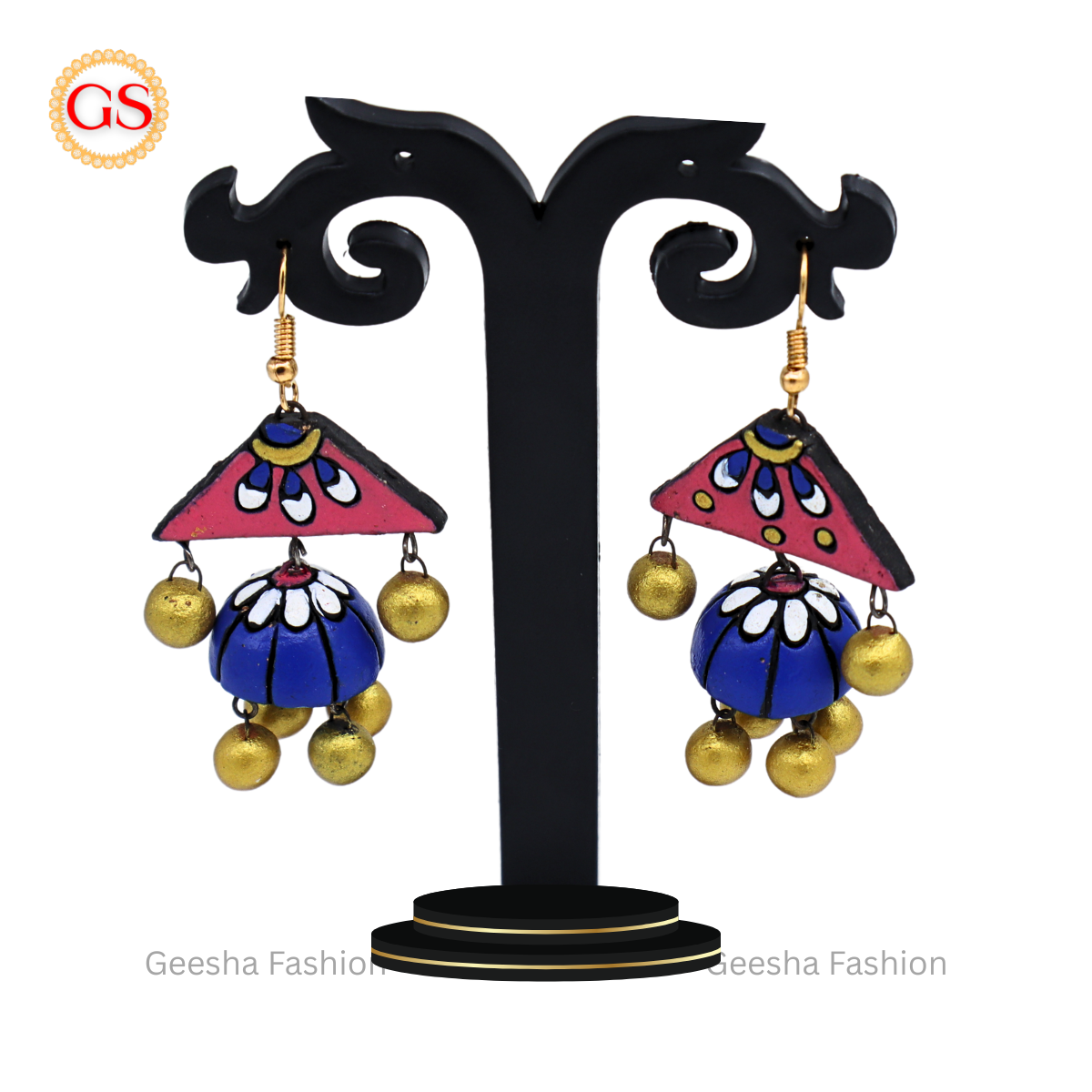 Blue Pink Colour Double Layer Jumki With Golden Beaded Terracotta Earrings