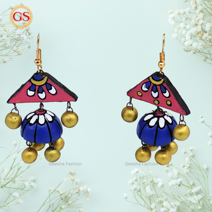 Blue Pink Colour Double Layer Jumki With Golden Beaded Terracotta Earrings