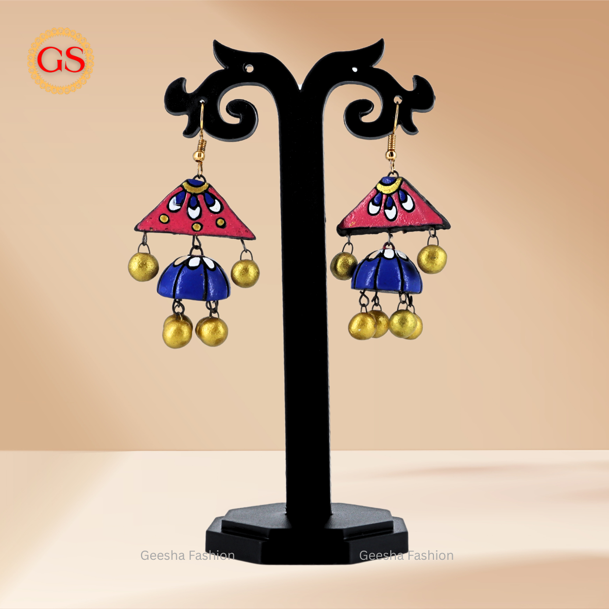Blue Pink Colour Double Layer Jumki With Golden Beaded Terracotta Earrings