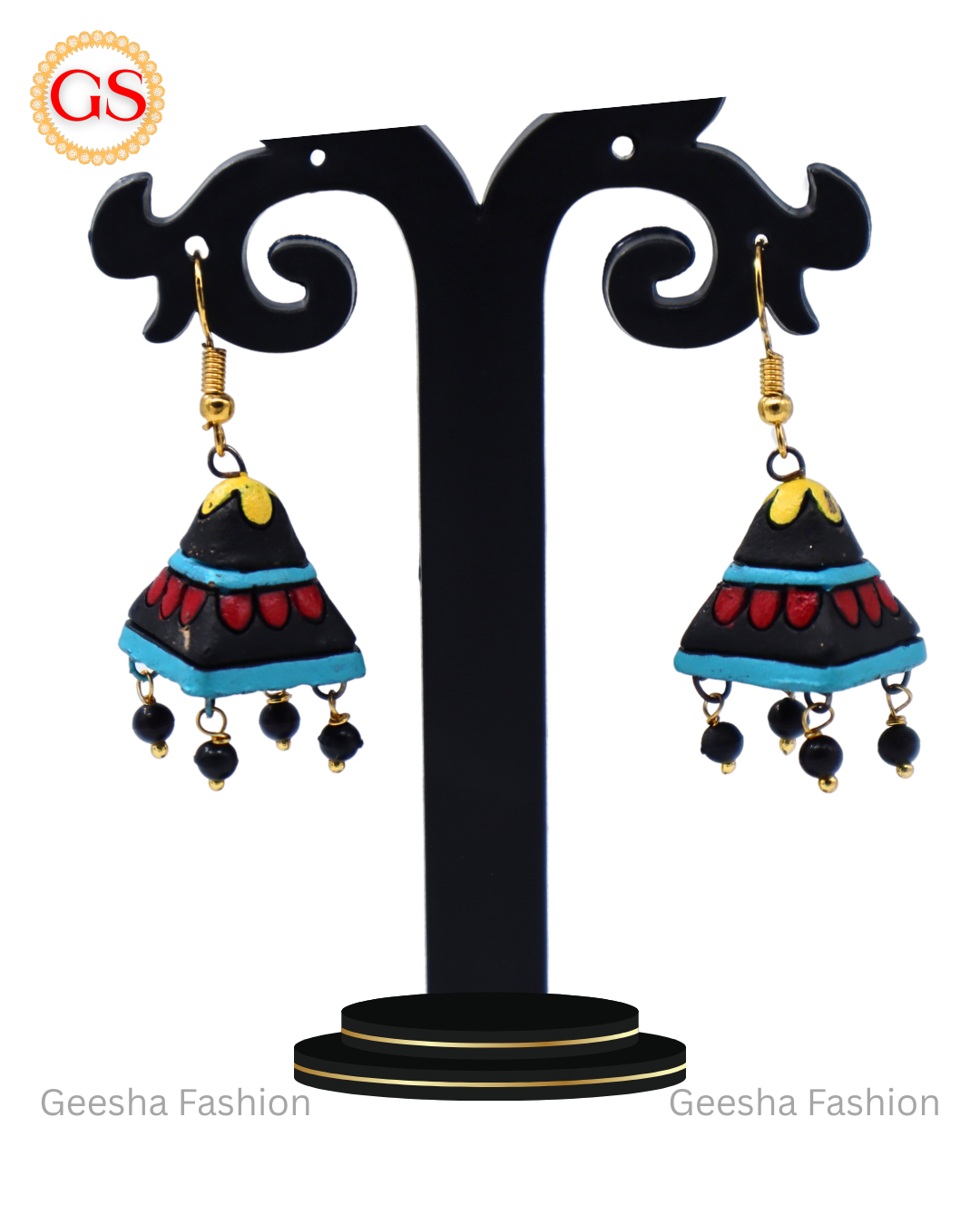 Blue Black Cone Jumki with Black Beads Handmade Terracotta Earrings