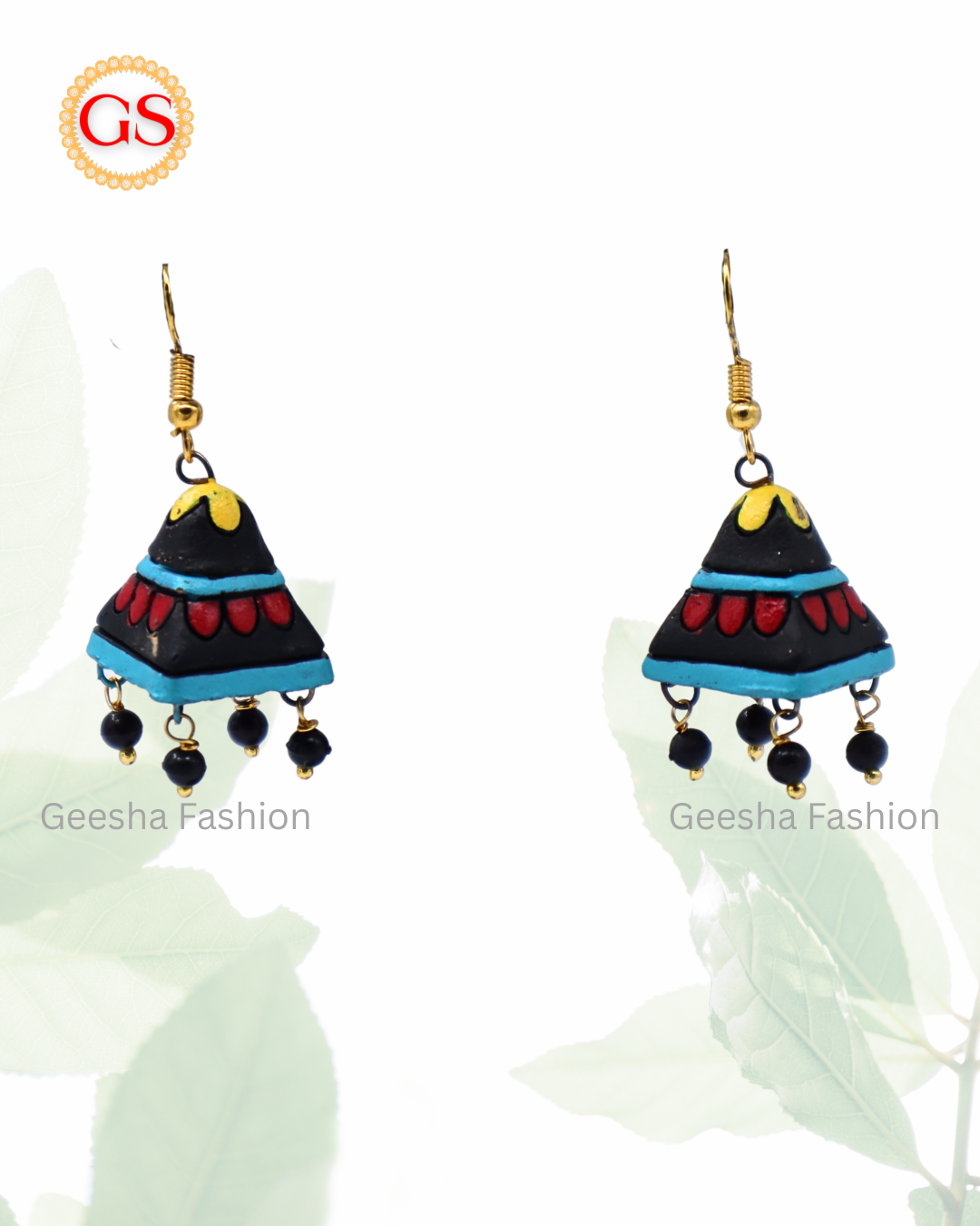Blue Black Cone Jumki with Black Beads Handmade Terracotta Earrings