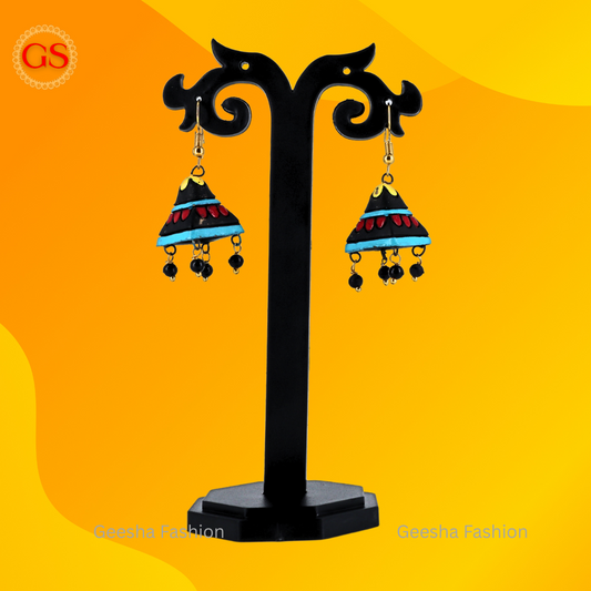 Blue Black Cone Jumki with Black Beads Handmade Terracotta Earrings