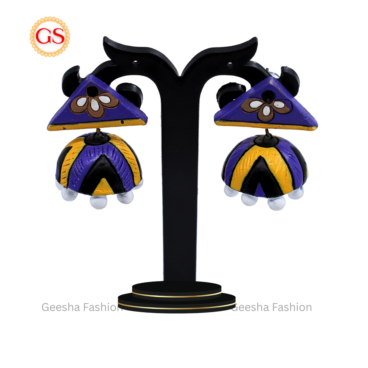 Yellow Violet Colour Flower Stud And Jumki Handmade Terracotta Earrings