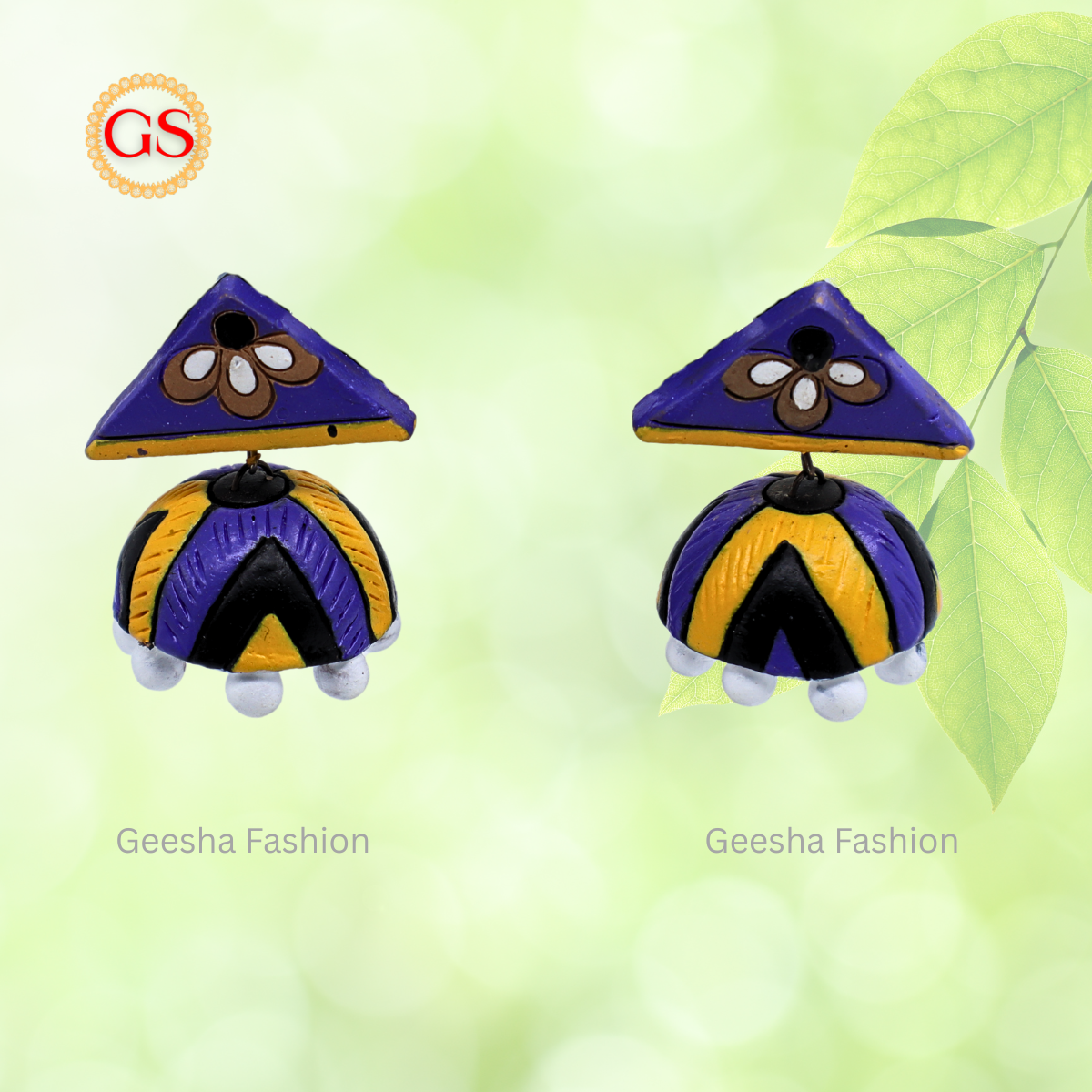 Yellow Violet Colour Flower Stud And Jumki Handmade Terracotta Earrings