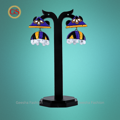 Yellow Violet Colour Flower Stud And Jumki Handmade Terracotta Earrings