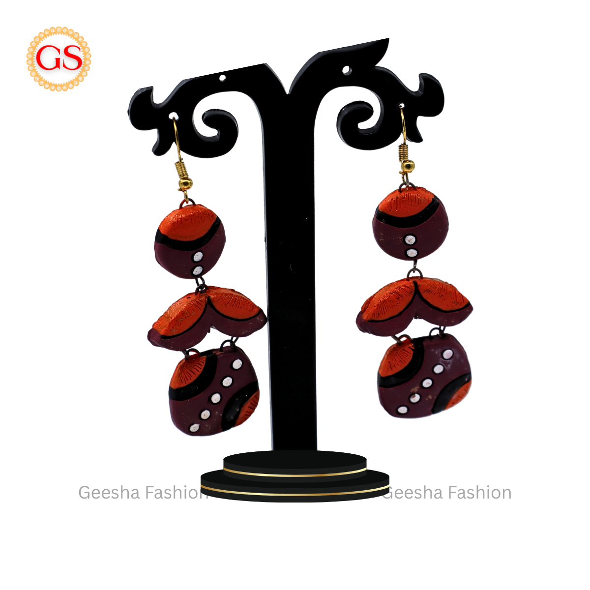 Orange Maroon Colour Triple Layer Handmade Terracotta Earrings