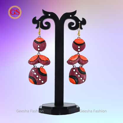 Orange Maroon Colour Triple Layer Handmade Terracotta Earrings