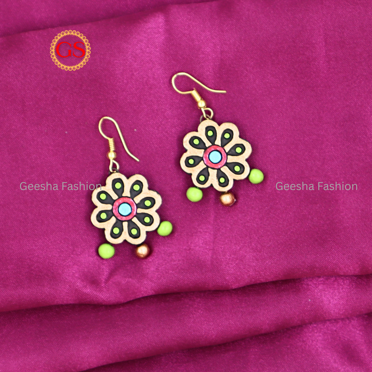 Golden Black Colour Flower Design With Triple Beaded Handmade Terracotta Earrings