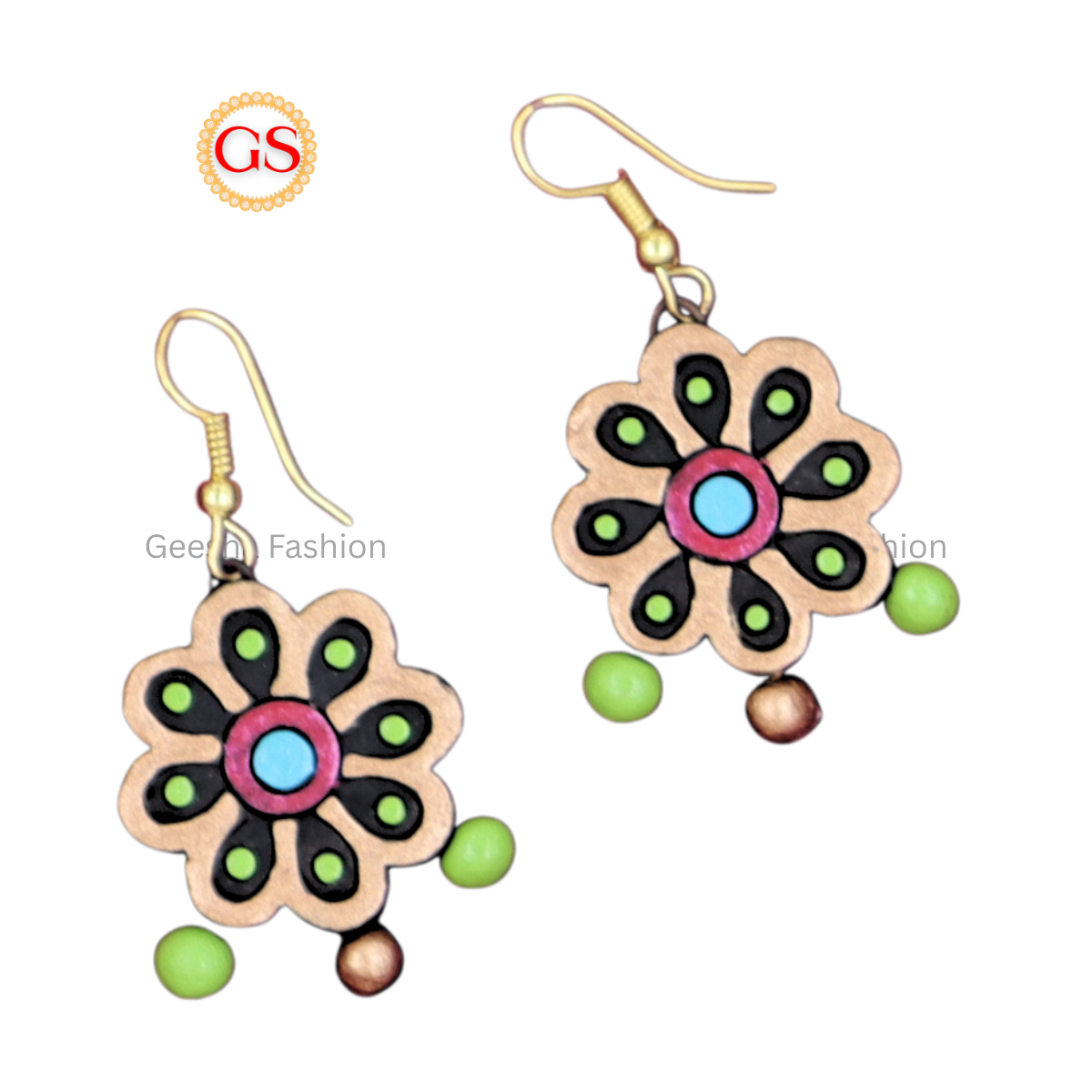 Golden Black Colour Flower Design With Triple Beaded Handmade Terracotta Earrings