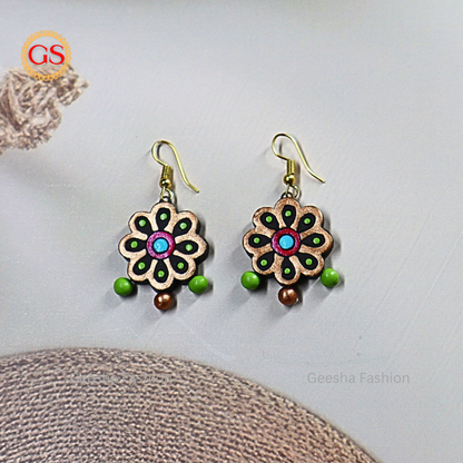 Golden Black Colour Flower Design With Triple Beaded Handmade Terracotta Earrings