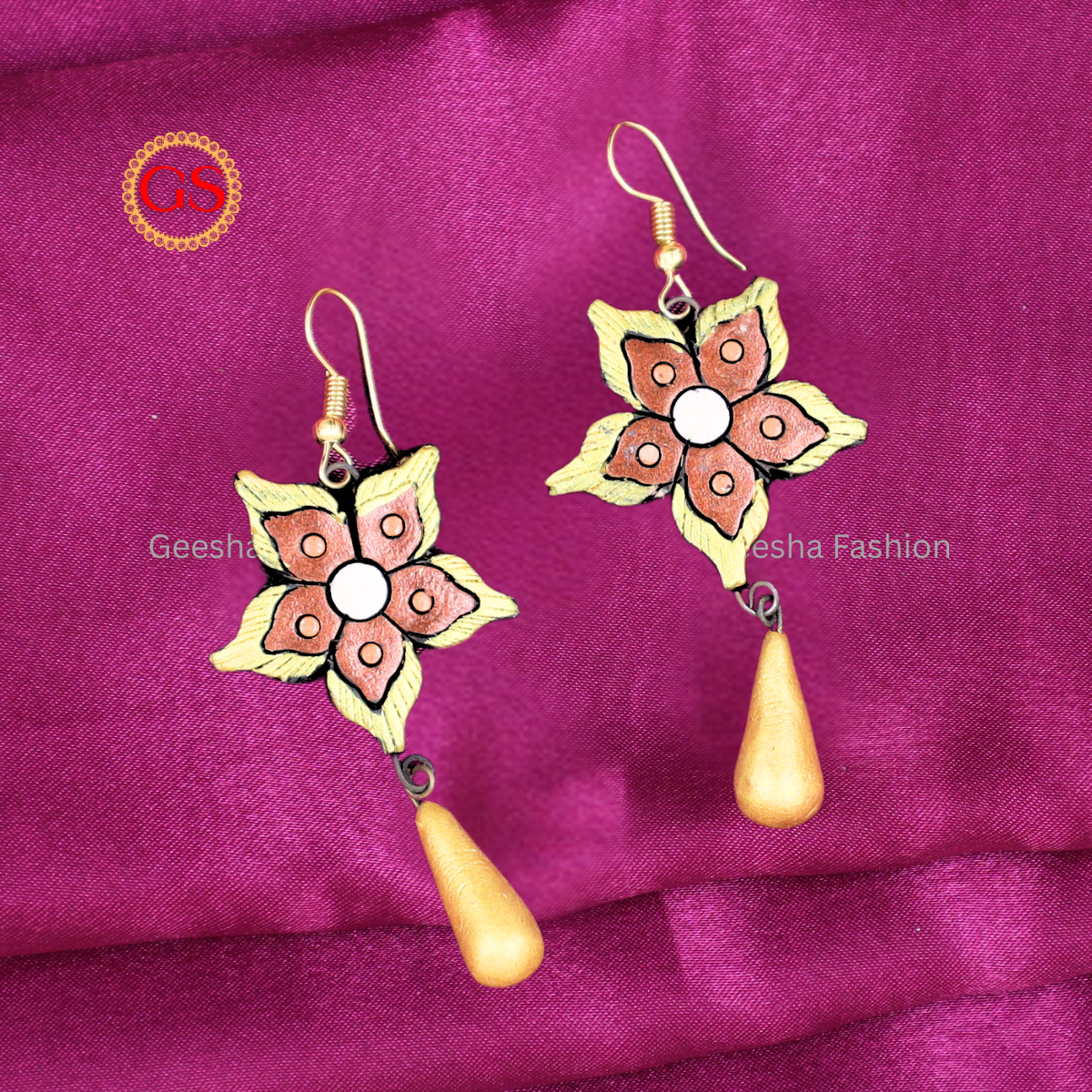 Golden Brown Jasmine Flower Design With Golden Beaded Handmade Terracotta Earrings
