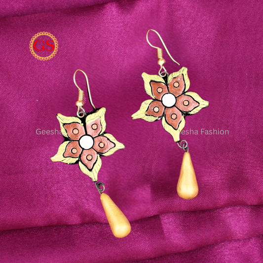 Golden Brown Jasmine Flower Design With Golden Beaded Handmade Terracotta Earrings