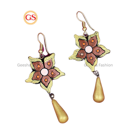Golden Brown Jasmine Flower Design With Golden Beaded Handmade Terracotta Earrings