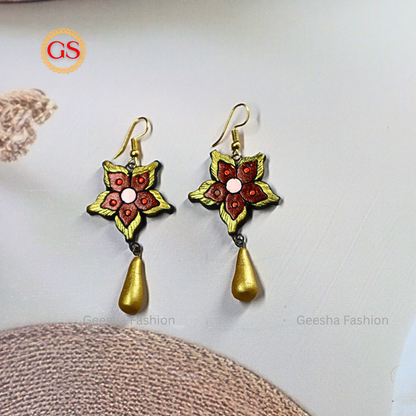 Golden Brown Jasmine Flower Design With Golden Beaded Handmade Terracotta Earrings