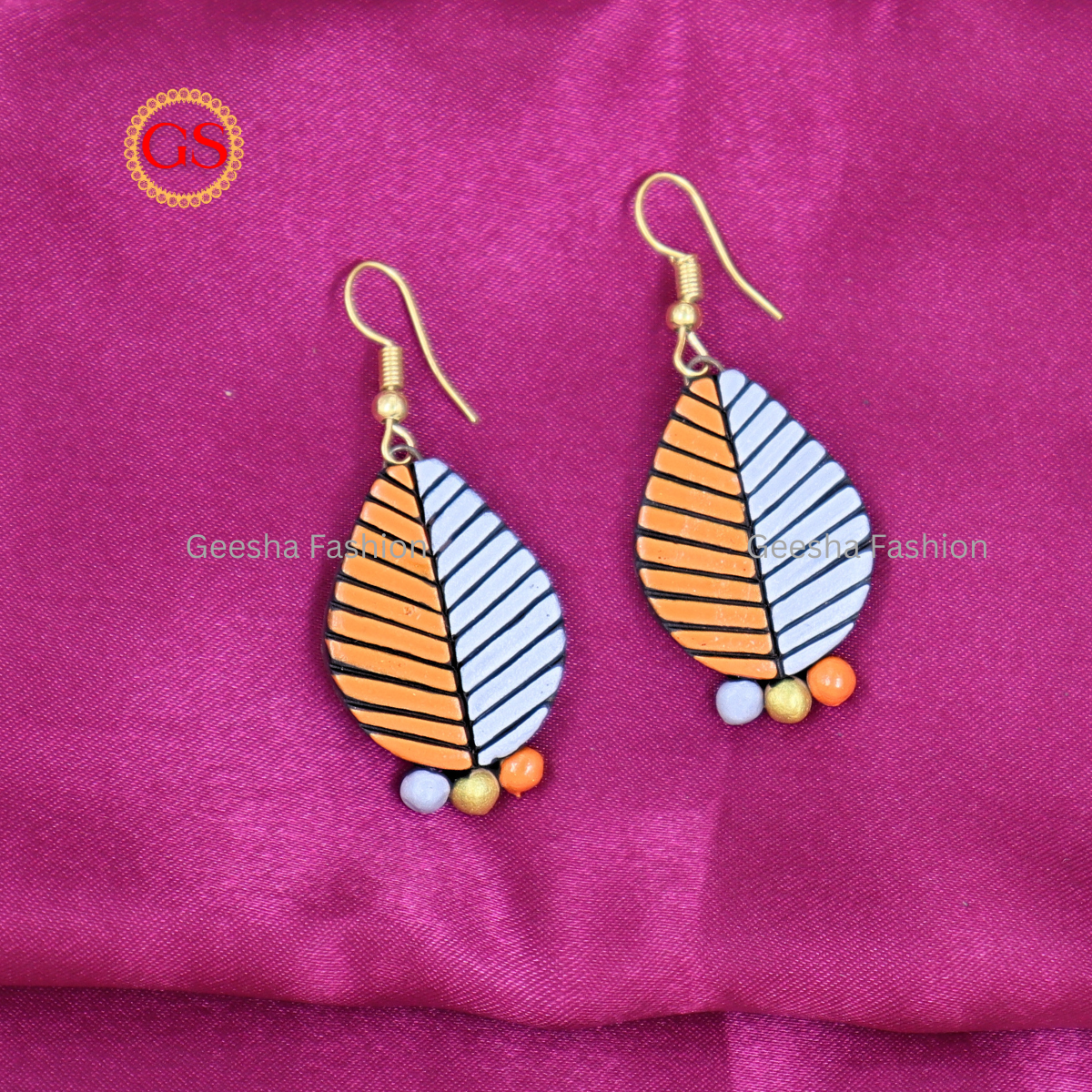 Orange and Silver Leaf Design With Triple Beaded Handmade Terracotta Earrings