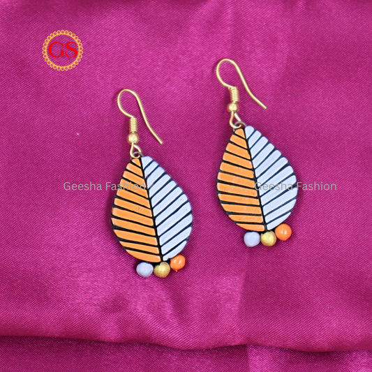 Orange and Silver Leaf Design With Triple Beaded Handmade Terracotta Earrings
