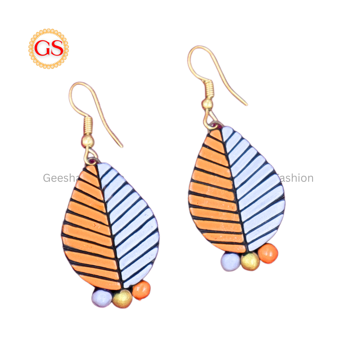 Orange and Silver Leaf Design With Triple Beaded Handmade Terracotta Earrings