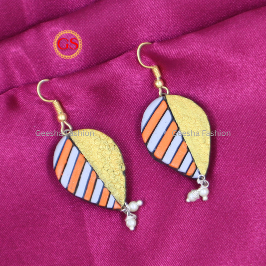 Golden Silver Orange Colour Leaf Design With Pearl Beads Handmade Terracotta Earrings