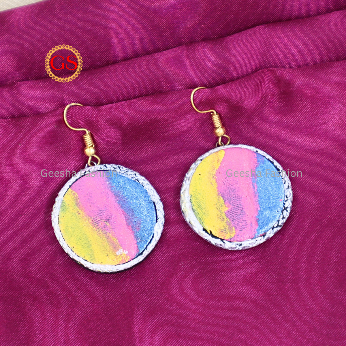 Multi Shade Full Moon Design Handmade Terracotta Earrings