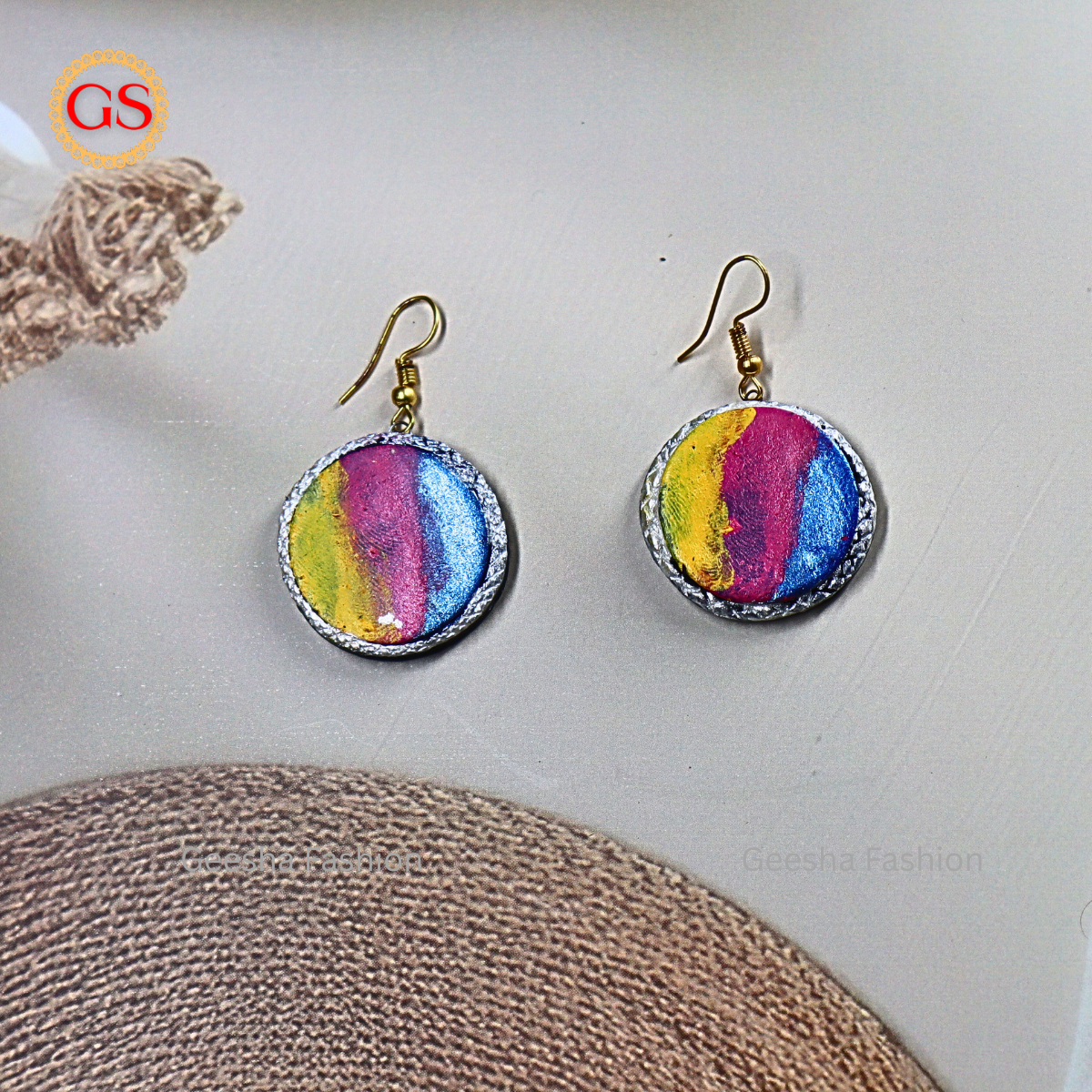 Multi Shade Full Moon Design Handmade Terracotta Earrings