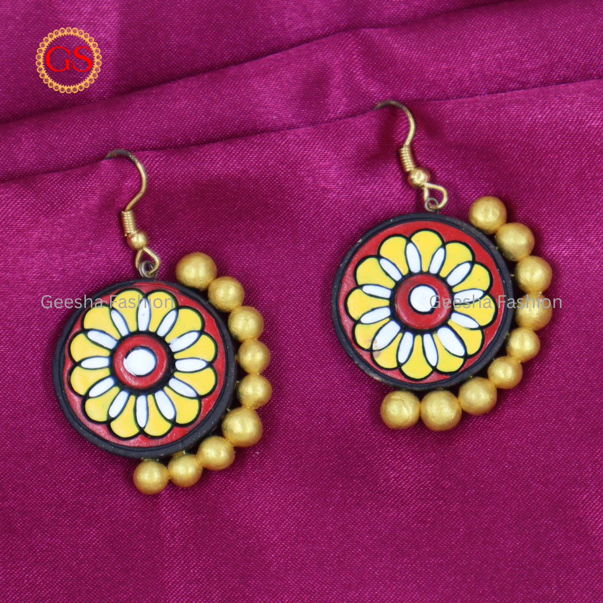 Multi Colour Rangoli Design With Golden Beads Handmade Terracotta Earrings