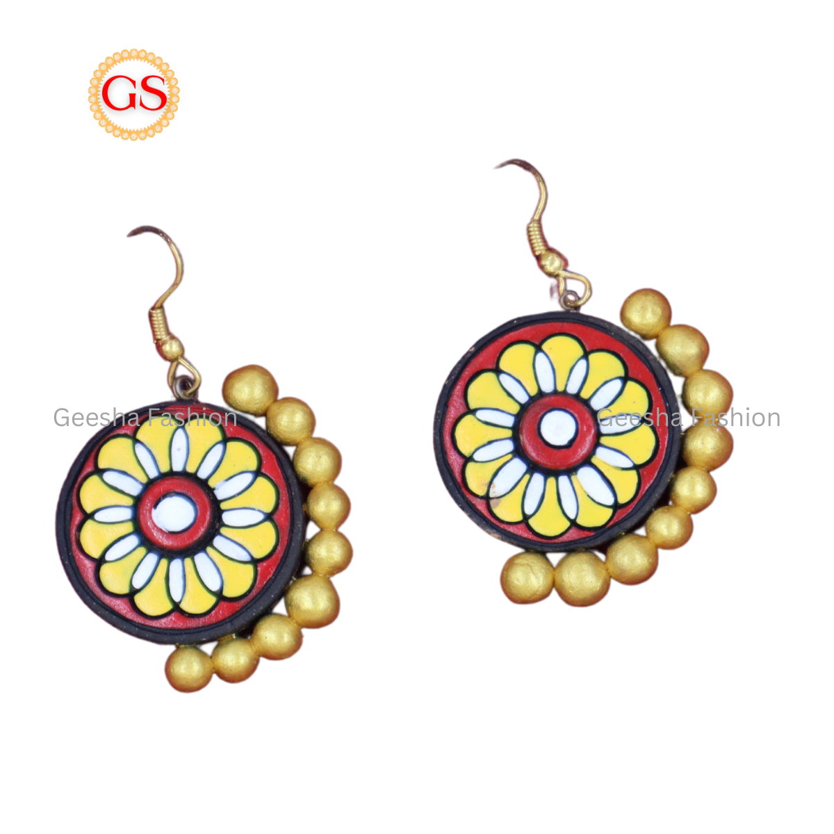 Multi Colour Rangoli Design With Golden Beads Handmade Terracotta Earrings