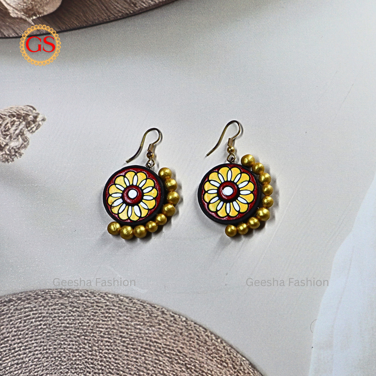 Multi Colour Rangoli Design With Golden Beads Handmade Terracotta Earrings
