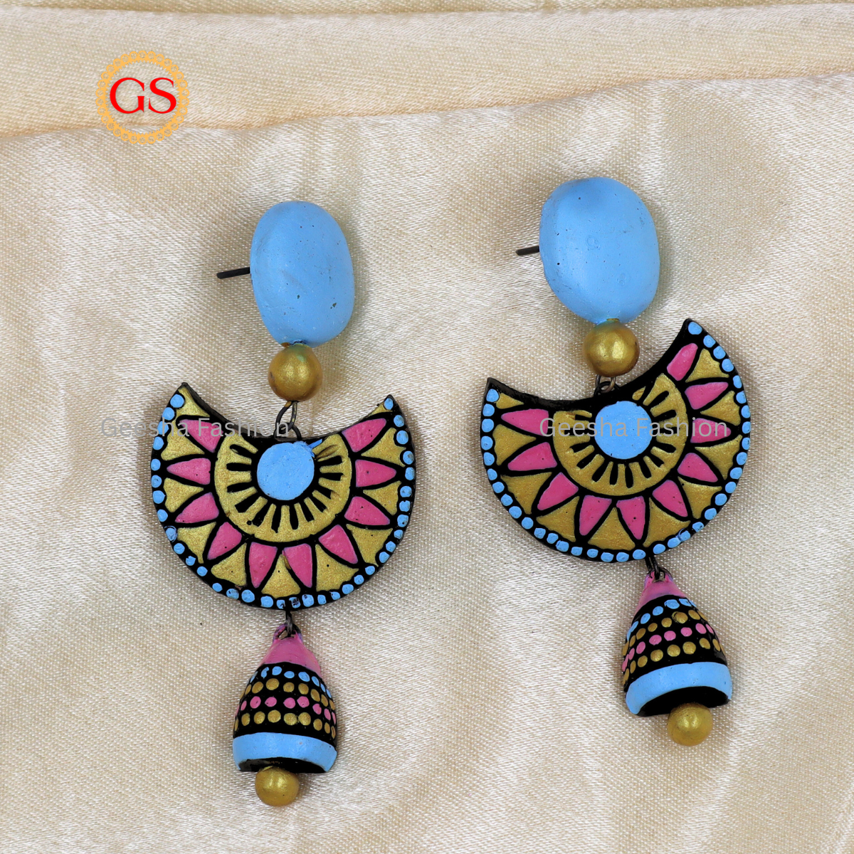 Blue and Pink Colour Triple Layer Beaded Jumki Terracotta Earrings