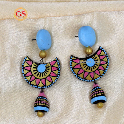 Blue and Pink Colour Triple Layer Beaded Jumki Terracotta Earrings