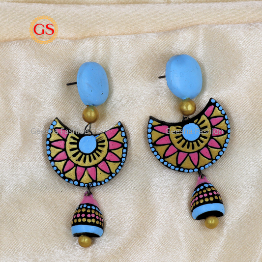 Blue and Pink Colour Triple Layer Beaded Jumki Terracotta Earrings