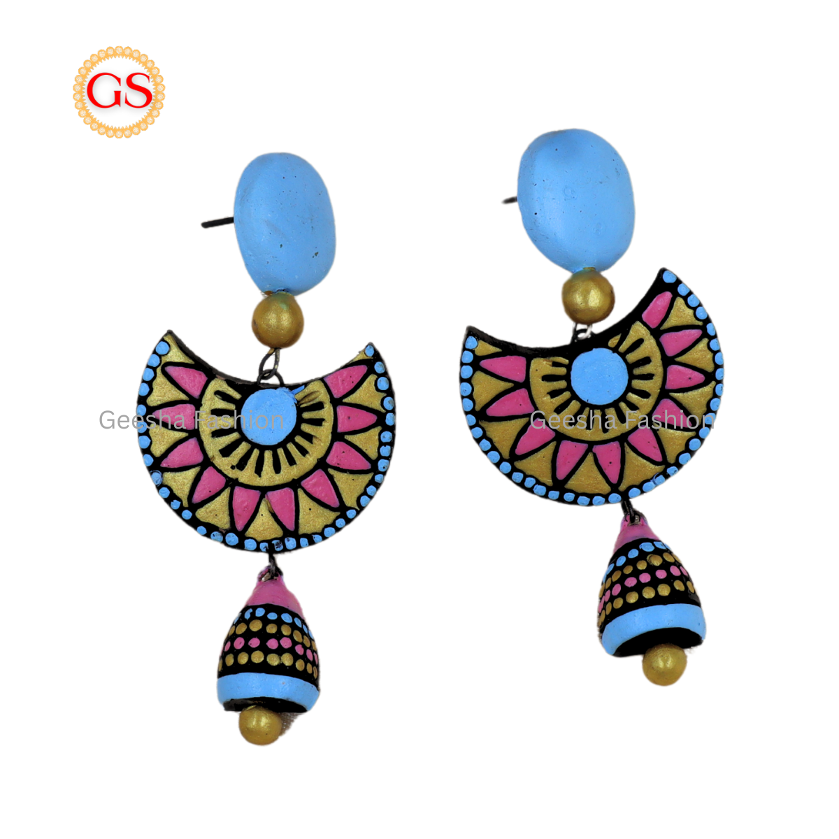 Blue and Pink Colour Triple Layer Beaded Jumki Terracotta Earrings