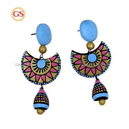 Blue and Pink Colour Triple Layer Beaded Jumki Terracotta Earrings