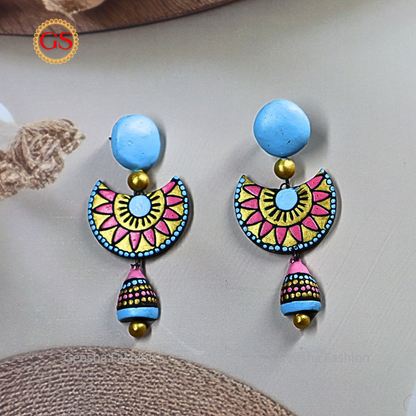Blue and Pink Colour Triple Layer Beaded Jumki Terracotta Earrings