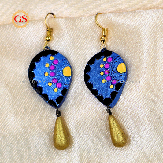Blue Colour Leaf With Golden Beaded Handmade Terracotta Earrings