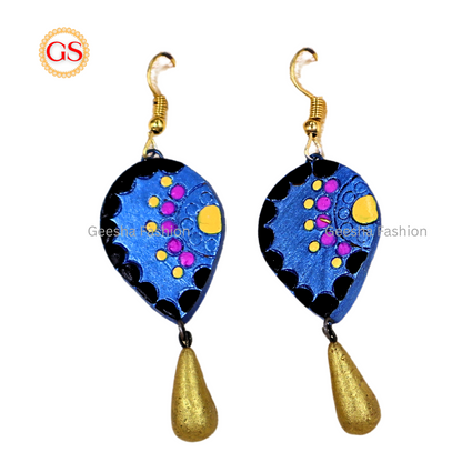 Blue Colour Leaf With Golden Beaded Handmade Terracotta Earrings